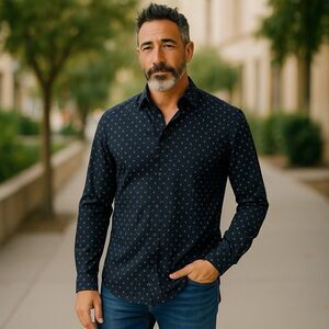 Craft Flow Men's 2XL Long Sleeve Button Up Dress Shirt Blue Geometric Design